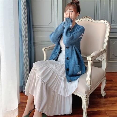 Korean Style Slim Suit 2019 Autumn and Winter New Knitting Print V-neck Cardigan Coat + Multi-layer Pleated Over-knee Dress