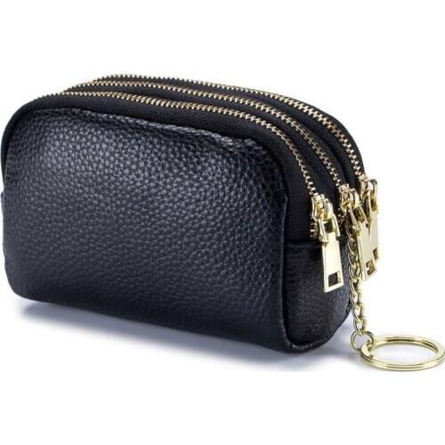Genuine Leather Top Quality Coin Purse Credit Card Holder Korean Style Kawaii 3 Zipper Layer Women Clutch Wallet with Key Ring