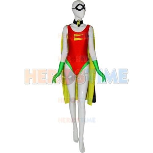 Robin Carrie Kelley Spandex Superhero Costume Sexy Ladys Girls Female Zentai Leotard Robin Cosplay Catsuit with Cape