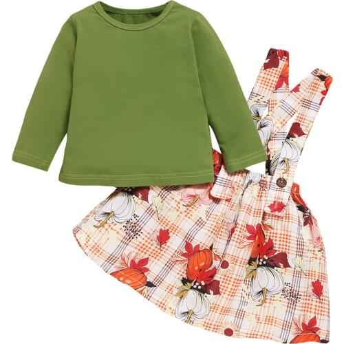 2Pcs Halloween Day Festival Costumes Long Sleeve O-Neck Tops+Cartoon Pumpkin Cartoon Print Suspender A-Line Skirt Sets