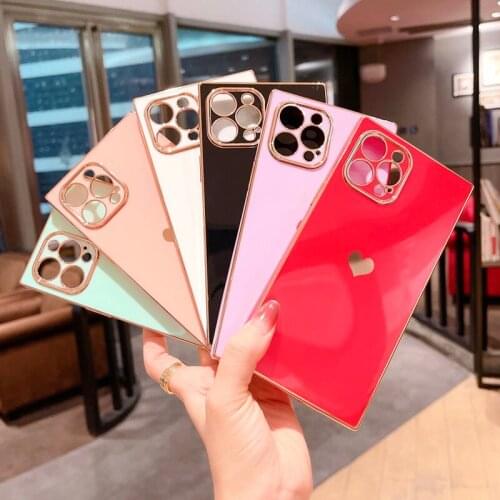 Square Phone Case For iPhone 12 11 Pro X XR XS Max 7 8 Plus SE 2 12 Mini Luxury Love Heart Electroplated Candy Colors Soft Case