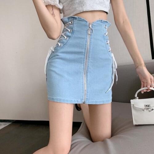 Korean Fashion Mini Skirts High Waist Skirt Denim Womens Gothic Clothes Zipper up Both Side Special Straps Unique Bodycon Falda