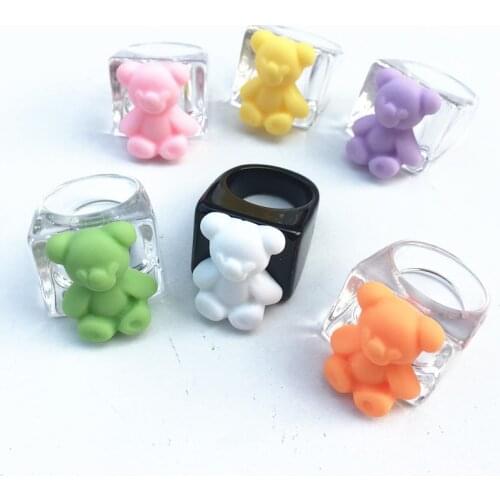 Fashion Colorful Cute Bear Finger Rings Resin Acrylic Geometric Square Rings Women Girls Men Rings Set Best Party Jewelry Gifts