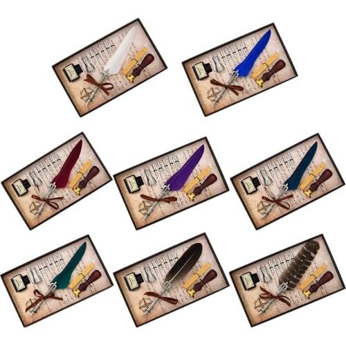 Vintage Fountain Pen Set Retro Calligraphy Feather Writing Dip Pen Kit with Empty Ink Bottle Nib Seal Stamp Wax Student DIY Gift
