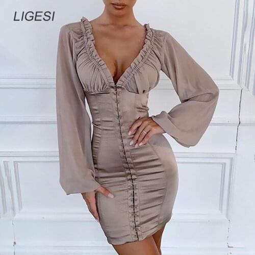 Ruffle Bodycon Dress Women Long Sleeve Patchwork Ladies Khaki Party Dresses Vestidos Robes femme 2019