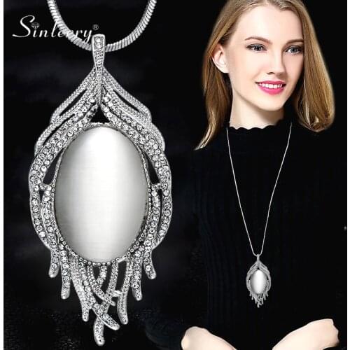 SINLEERY Women Vintage Oval Opal Pendant Necklace With Dazzling Cubic zirconia 2 Color Statement Long Chain MY071 SSF