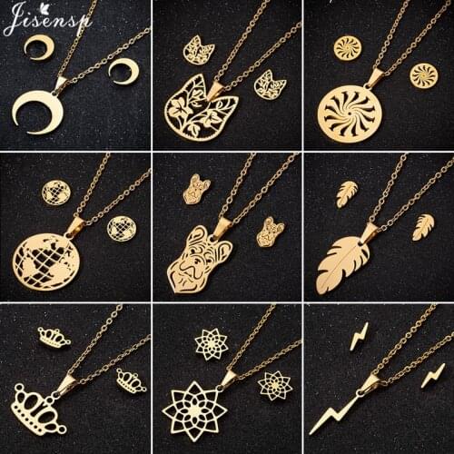 Gold Stainless Steel Necklaces for Women Bijoux Punk Feather Leaf Dog Lightning Pendant Crown Necklace Jewelry Wholesale 2021