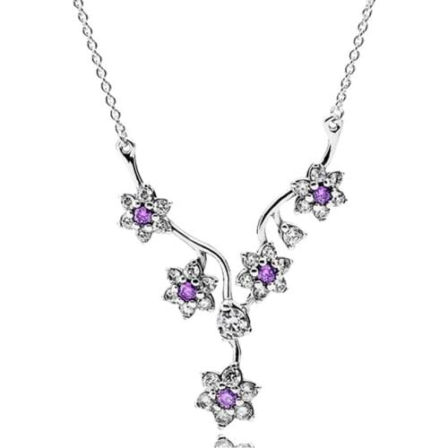 Authentic S925 Necklace Forget Me Not Blooms Crystal Necklace For Women Wedding Party Gift fit Lady Jewelry