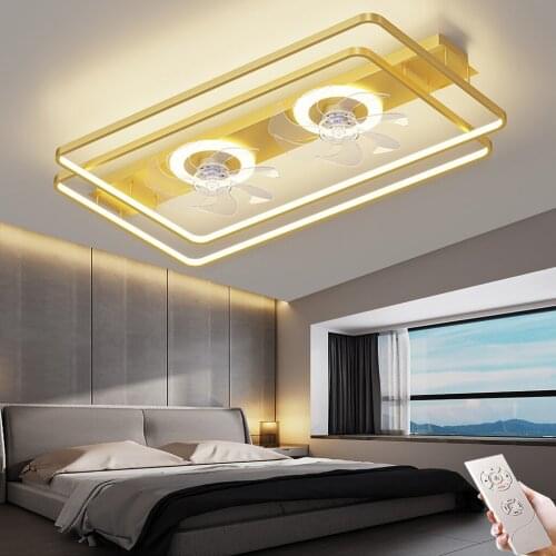 Ceiling Fan with Light Creative Household Chandelier Remote Control Dimmable Adjustable Wind Speed Modern Bedroom Lamp Gold 90cm
