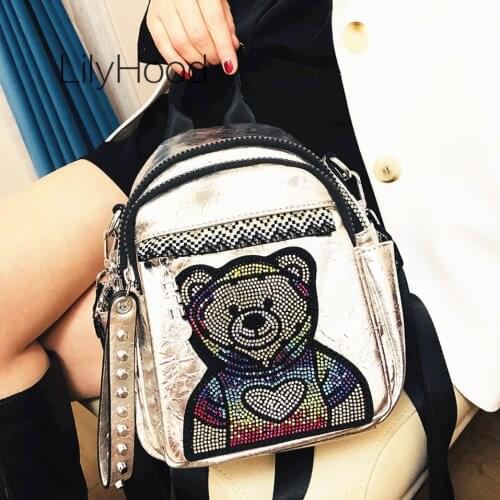 Teenager High Quality Vegan Leather Cute Bear Rhinestone Knapsack Female Sweet School Travel Faux Leather Backpack for Women