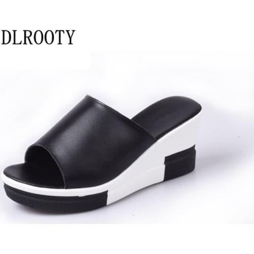 Women Sandals Flip Flops 2018 Summer Genuine Leather Shoes Woman Peep Toe Wedges Fashion Platform Female Slides Comfortable