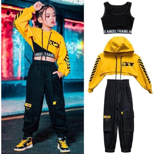 Girls Hip Hop Dance Costumes Yellow Sweatshirt Cropped Hoodie Vest Black Overalls Kids Child Jazz Hiphop Dance Clothes Outfits