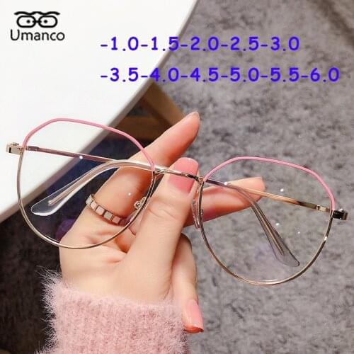 Umanco Myopia Glasses For Women Men Anti Blue Light Round Eyewear Gold Black Computer Glasses Metal Frame AC Lens Block Eyeglass