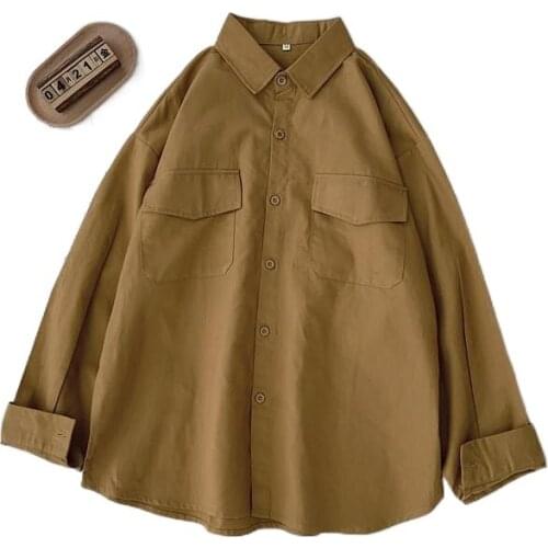 Women Couple Unisex Chic Casual EA All-Match Teenagers Ulzzang Loose Clothes Button Up Pure Harajuku Blouses Oversized Shirt