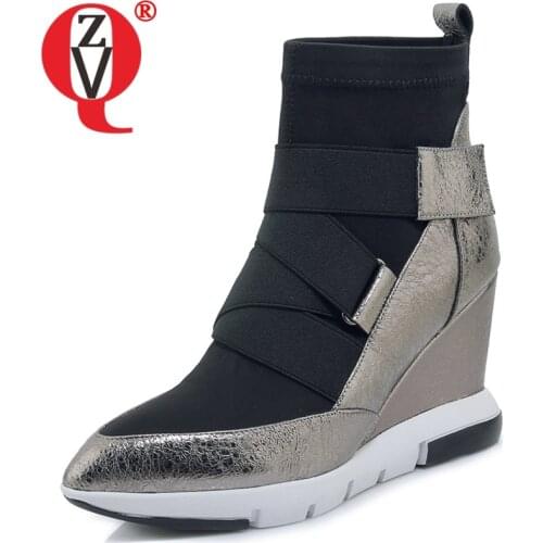 ZVQ 2019 New Mixed Colors Genuine Leather Women Shoes Pointed Toe Super High Wedges Platform Hook And Loop Winter Ankle Boots