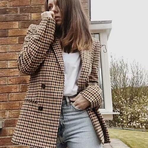 Fashion double breasted plaid blazer women Long sleeve slim OL blazer 2019 Casual autumn jacket blazer female