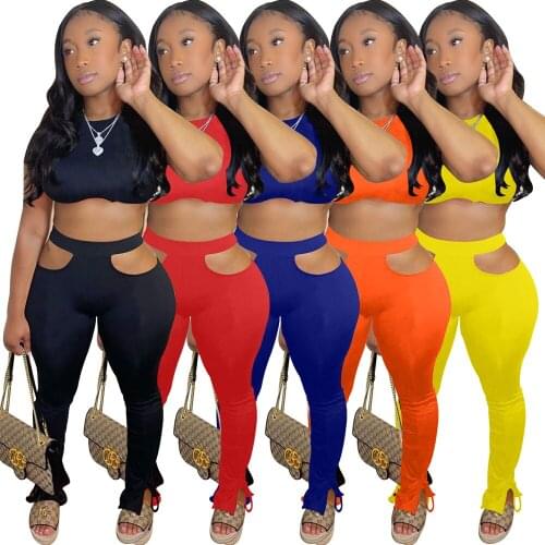 Solid Color Two Piece Set Woman Short Sleeve O Neck Crop Top And Hollow Out Pencil Pants Fitness Sporty Wear Clothes S-XXL