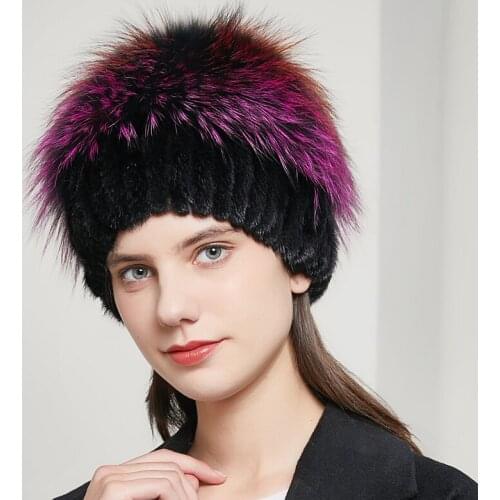 Winter Warm Women Knitted Real Mink Fur Hat Big Fox Fur Pompom Eadwear Girls Hats Fashion Female Luxury Earflap Caps 20HY-03