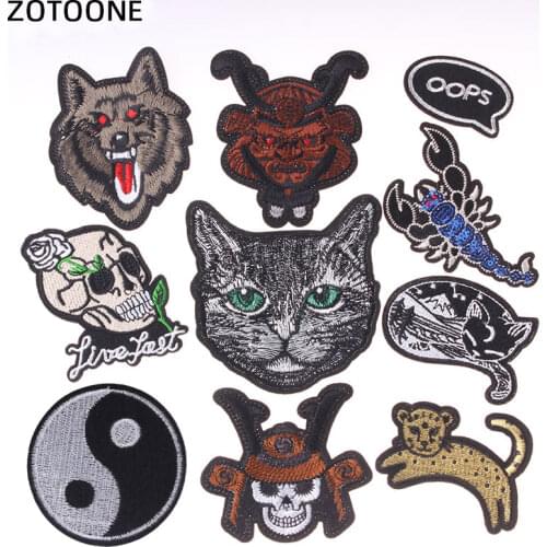 ZOTOONE Animal Skull Punk Patch Rock Iron on Embroidered Band Patches for Clothes Stickers Cool Cat Wolf Patch Hippie Badges E