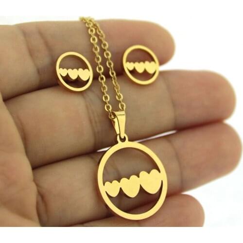 1 Set Golden Stainless Steel Set 3 Hearts in Round Circle Charms Heart Earrings Necklace Sets for Women Girls Kids Gift