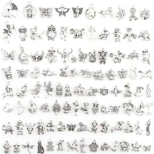 100pcs/lot Mixed Antique Silver Color Vintage Animal Series Set Bracelets Charm Pendants Fashion Jewelry Making Findings