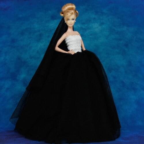 2 Items = 1x High Quality Black Wedding Party Dress Lace Elastic Gown + 1x Bridal Veil Clothes for Barbie Doll Accessories