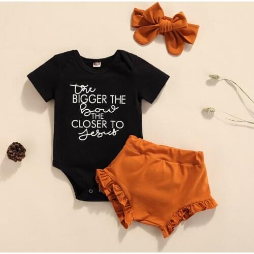 3pcs Newborn Infant Baby Girls Boys Clothes Sets Cotton Soft Letter Printed Short Sleeve Romper Top+Shorts+Headband Outfits Suit