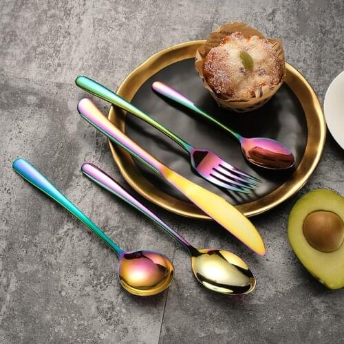 5PCS Dinnerware Sets Stainless Steel Cutlery Set Rainbow Fork Spoon Scoop Knife Dishware Set Dinner Tableware Supplies