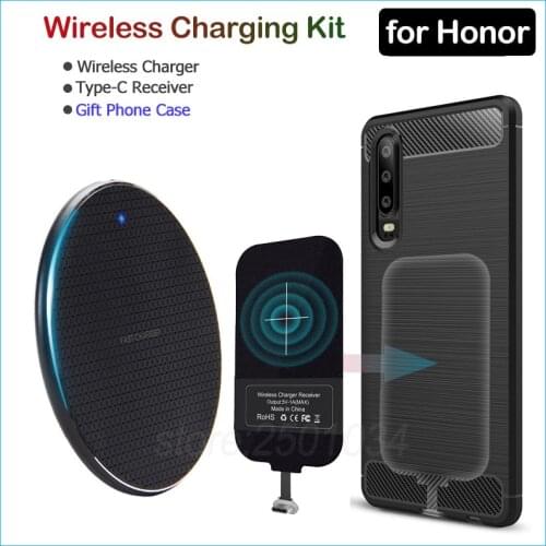 Wireless Charging for Huawei Honor 9 10 20 30 Pro 20s V30 9X Pro Qi Wireless Charger+USB Type C Receiver Adapter Gift TPU Case