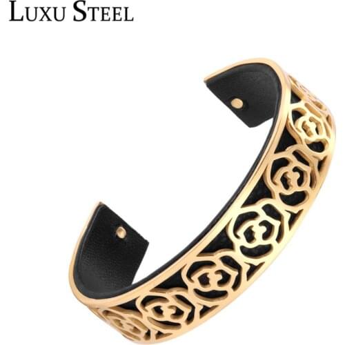 LUXUSTEEL Reversible Leather Cuff Bangle For Women Gold Color DIY Jewelry Stainless Steel Flower Shape Bangles Manchette Party