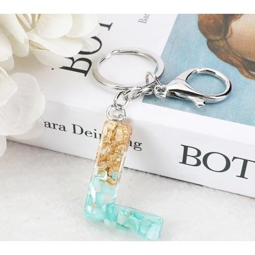 1Pc Blue Gold Alphabet Keychain English Letter Keyring Glitter Gradient Resin Gold Leaf Crafts Car Mirror Handbag Charms