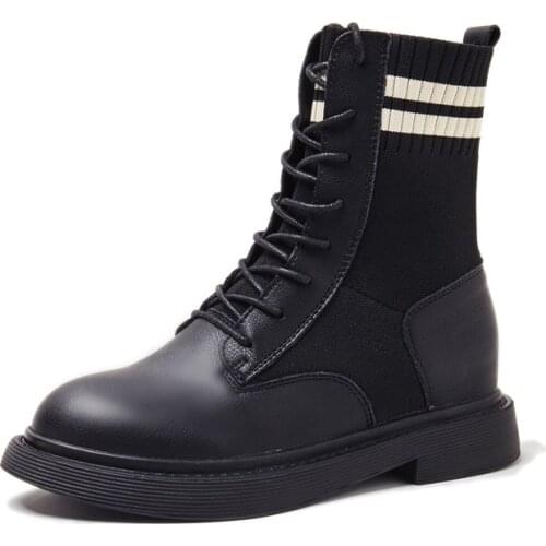 British Fashion Women Ankle Martin PU Winter Boots Knit Shaft Front Lace-Up Woman Short Plush Increasing Height Booties Zapatos