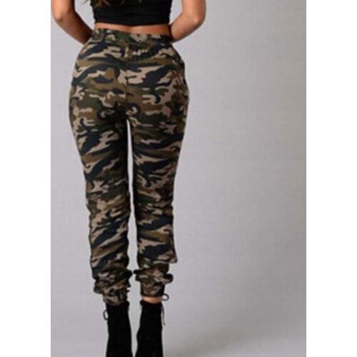 Women Casual Drawstring Pockets Long Skinny Pants Ankle Tied Camouflage Trousers