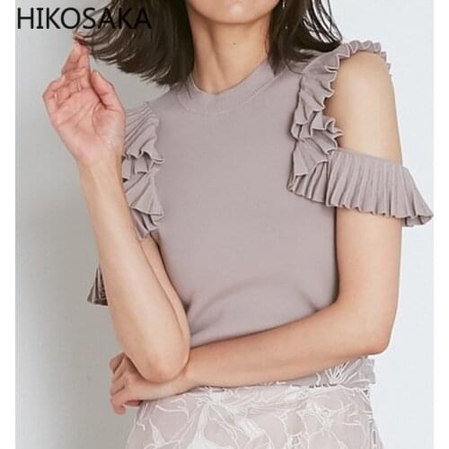 Elegant Ruffles Off Shoulder O-neck Knitted Sweaters Solid Slim All Match Pullovers 2021 Japan Style Chic Summer Women Tshirts