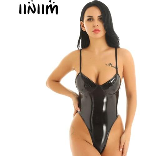Iiniim Womens Wetlook Catsuit Patent Leather Lingerie Sexy Clubwear Dance Spaghetti Straps High Cut Leotard Bodycon Bodysuit