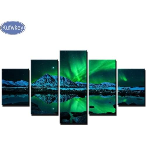 Full square drill diamond painting 5 Pieces Green Aurora Borealis Lake Hill Night mosaic cross stitch diamond embroidery sale