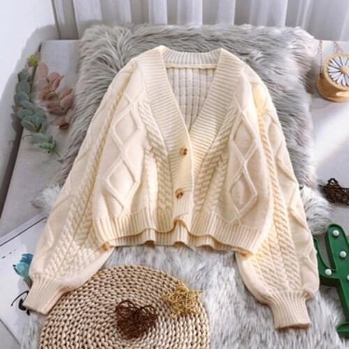 Short knit cardigan womens spring and autumn clothes new wild loose lazy style lantern sleeves Knitted cardigan jacket