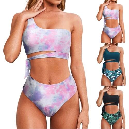Bikini Swimsuit Women Push Up Bikini Set Sexy One Shoulder Beachwear Summer Tie-dye Bathing Suit High Waist Swimwear Women 2021