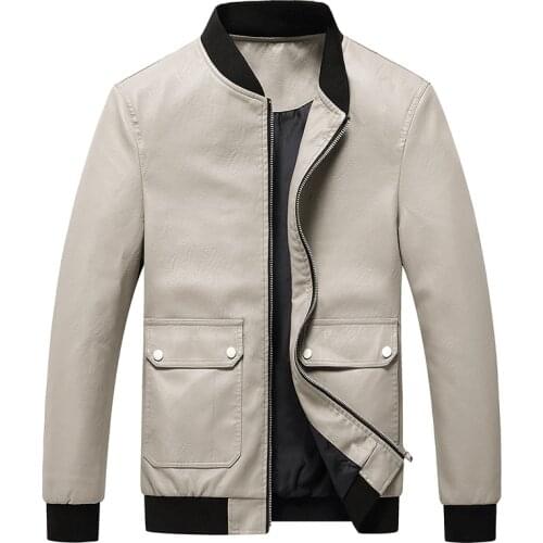 Mens Leather Jacket Baseball Collar Slim Fit Motorcycle Leather Jacket Men Big Pocket Casual Soft Leather Coat