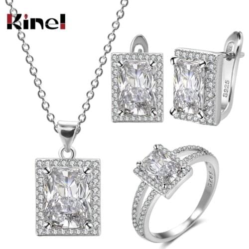 Kinel 925 Silver Natural Zircon Fine Jewelry Sets Women Ring Necklace Earring for Bridal Wedding Jewelry Valentines Day Gift
