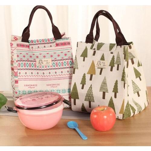 Portable Lunch Bag Cotton Linen Thermal Insulated Bento Lunch Bags Tote Cooler Holder Food Storage Bags Picnic Storage Bag