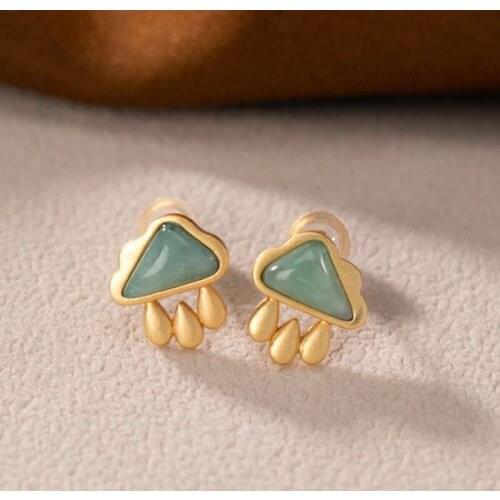 Pure S925 Silver Earrings Natural Green Jadeite Cloud Stud Earrings Vintage Earrings