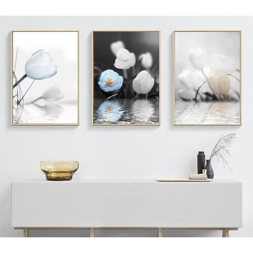 Yumeart Nordic Canvas Art Romantic Water Tulip White Blue Flower Wall Pictures For Living Room, Posters And Prints Wall Décor