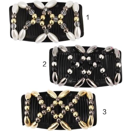 Ladies Women Elastic Hairpin Stretch Double Magic Hair Comb Handmade Beaded Hair Clip Bun Maker DIY Styling Tool 3 Colors