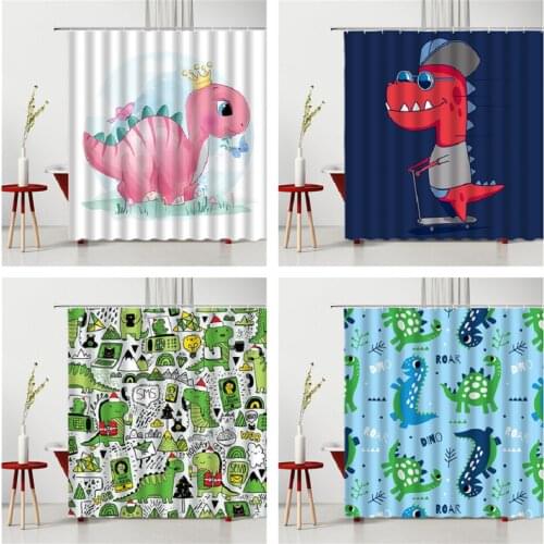 Bathroom Shower Curtain Set With Hook Cute Cartoon Little Dinosaur For Children Bathtub Decoration Mildew Proof Polyester Fabric