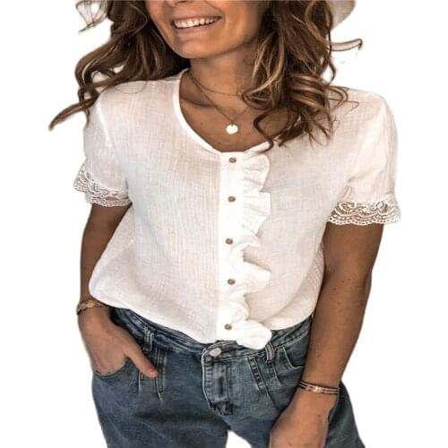 2021 High-Quality Fashion New Shirt Summer Solid Color Lace Stitching Short-Sleeved Buttoned Blouse Women