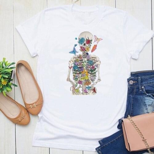 Women Fashion Print Graphic Floral Flower Style Skull Funny Cute Summer Short Sleeve Female Clothes Tops Tees Tshirt T-Shirt