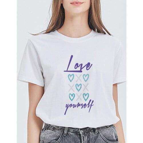 Womens T-shirt Summer Love Yourself Letter Print O-Neck T-shirt Girl Ladies Streetwear Harajuku T-shirt Kawaii Graphic Tees Top