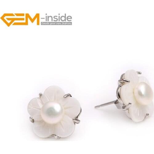 Gem-inside 6-7mm freshwater pearl with white shell sterling sliv earring adjustable size For Women Trinket Gift DIY Jewelry