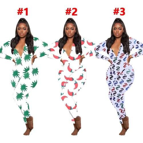 Hot Sale New Style European and American Womens Casual Pattern Printing Long-Sleeved Trousers Home Jumpsuit
